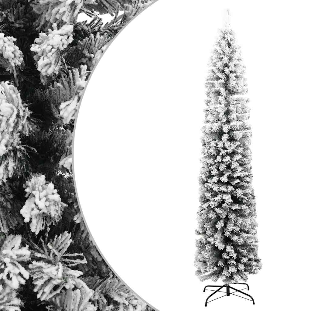 Vidaxl Slim Artificial Christmas Tree With Flocked Snow & Steel Stand, 8Ft Lifelike Green Pvc, Full-Bodied Indoor/Outdoor Holiday Decor, Easy Assembly, Without Ornaments/Lights